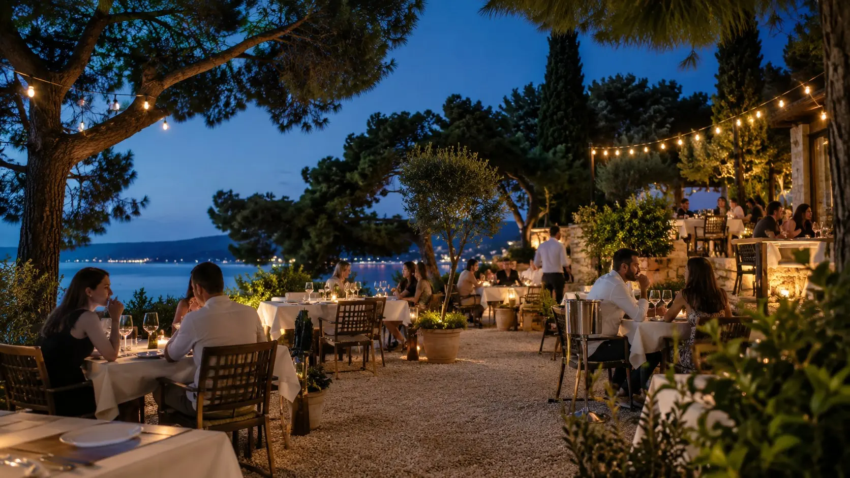 Evening dining beneath pine trees at Dida Restaurant in Crikvenica